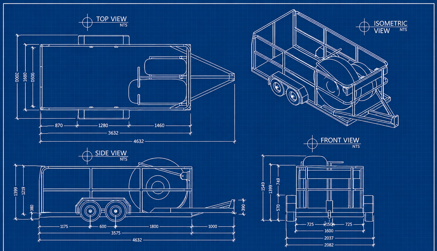 Ironwolf engineering drawing: top, side, front and isometric views of a custom trailer with dimensions in millimetres