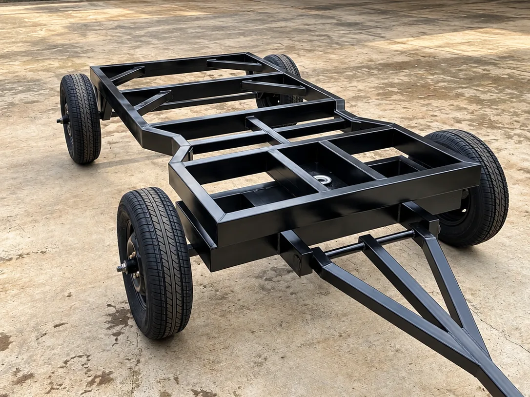 Ironwolf generator trolley: a four-wheel steered steel chassis with drawbar, for moving a generator set short distances around a yard or site